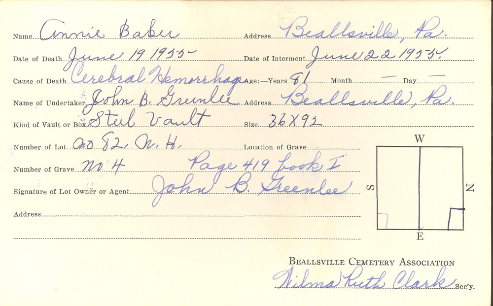 Annie Baker burial card